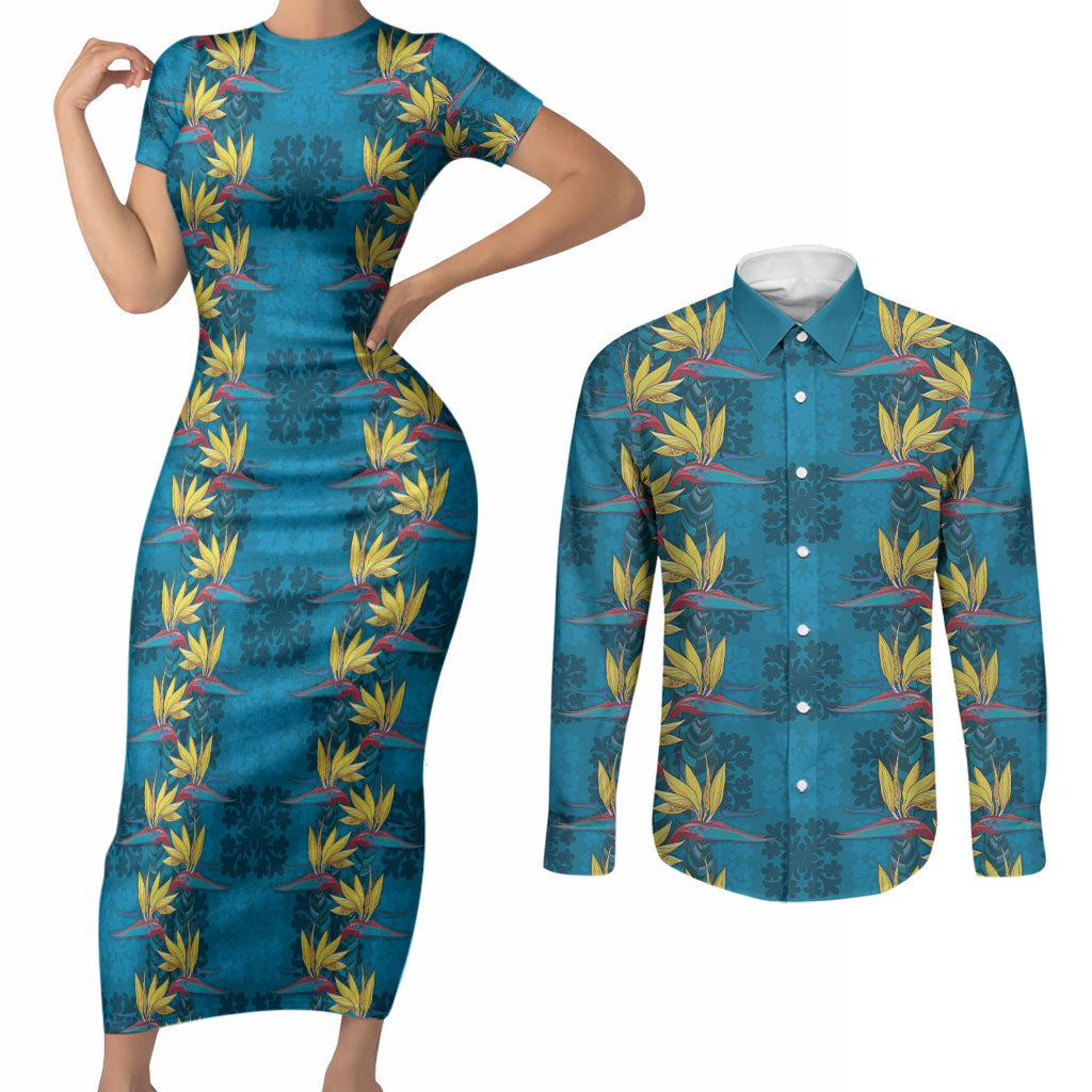 Hawaii Waikiki King Couples Matching Short Sleeve Bodycon Dress and Long Sleeve Button Shirt Blue Quilt With Pua Manu LT05 Blue - Polynesian Pride