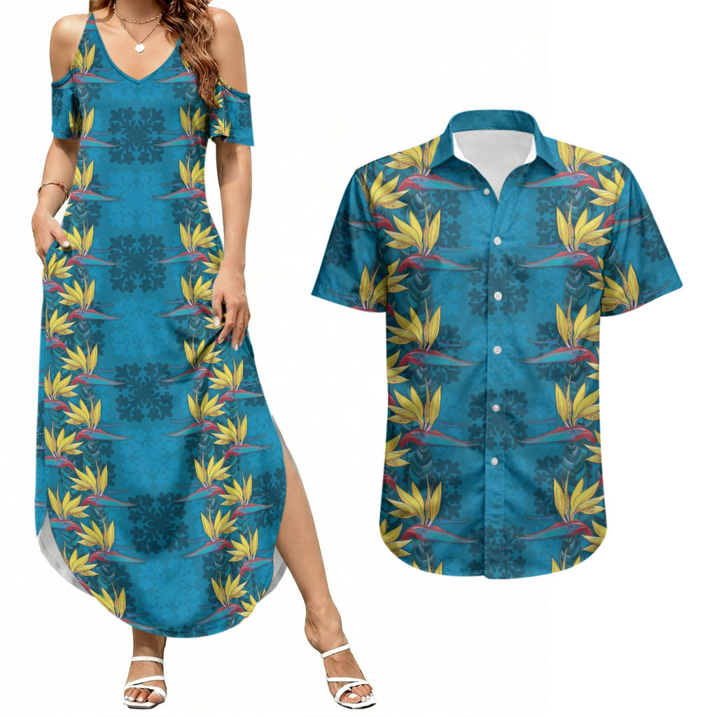 Hawaii Waikiki King Couples Matching Summer Maxi Dress and Hawaiian Shirt Blue Quilt With Pua Manu LT05 Blue - Polynesian Pride