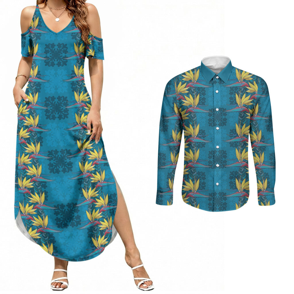 Hawaii Waikiki King Couples Matching Summer Maxi Dress and Long Sleeve Button Shirt Blue Quilt With Pua Manu LT05 Blue - Polynesian Pride