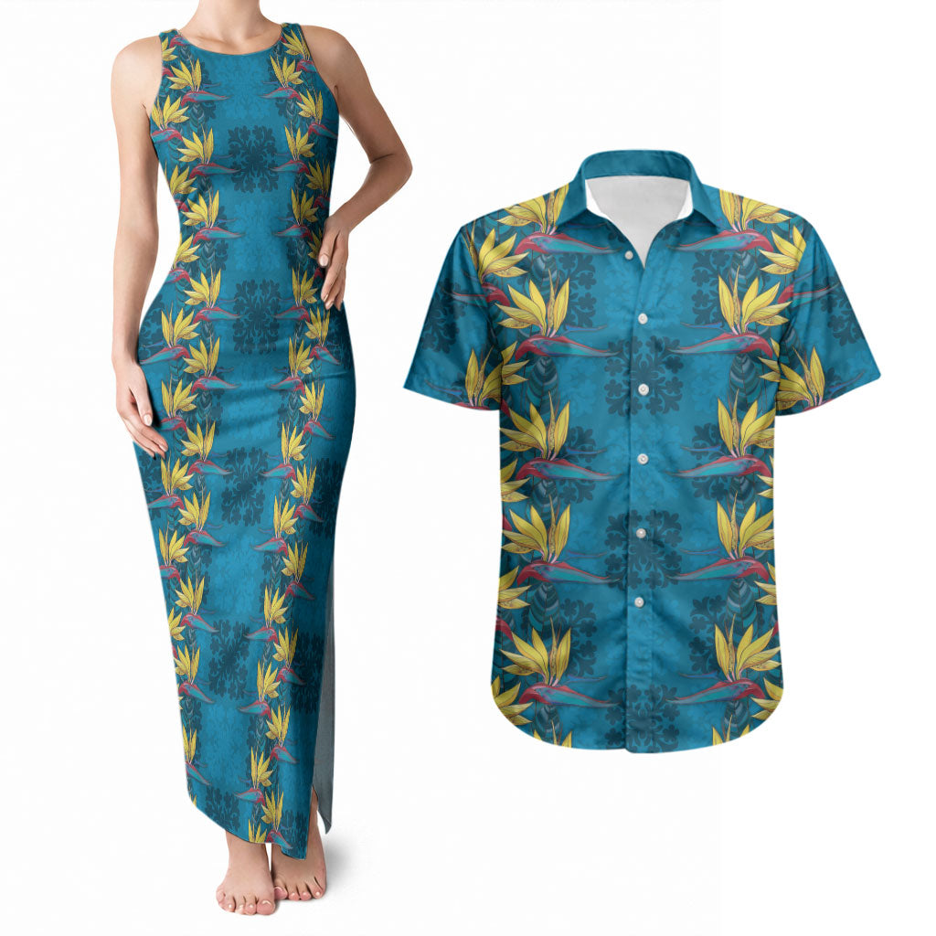 Hawaii Waikiki King Couples Matching Tank Maxi Dress and Hawaiian Shirt Blue Quilt With Pua Manu LT05 Blue - Polynesian Pride