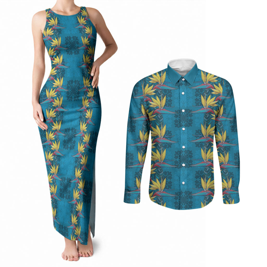 Hawaii Waikiki King Couples Matching Tank Maxi Dress and Long Sleeve Button Shirt Blue Quilt With Pua Manu LT05 Blue - Polynesian Pride