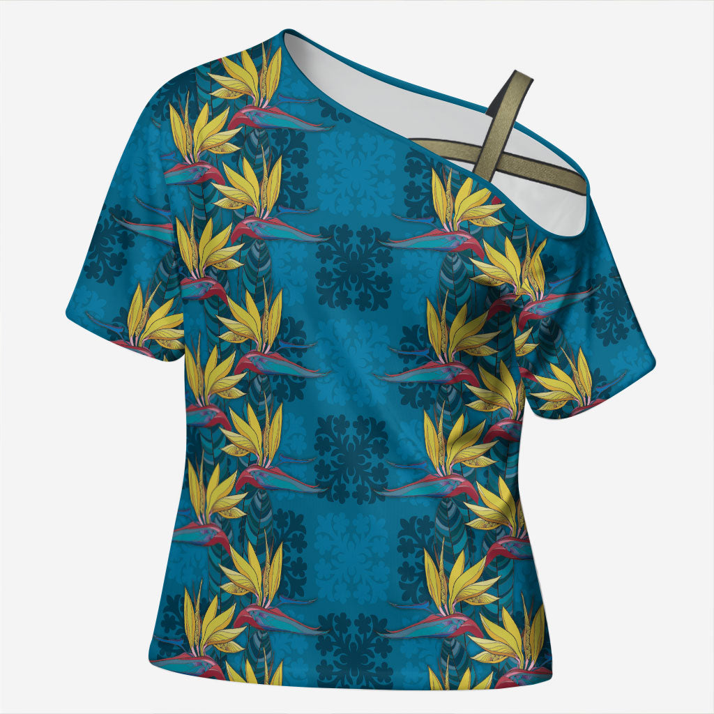 Hawaii Waikiki King Cross Shoulder Shirt Blue Quilt With Pua Manu LT05 Female Blue - Polynesian Pride