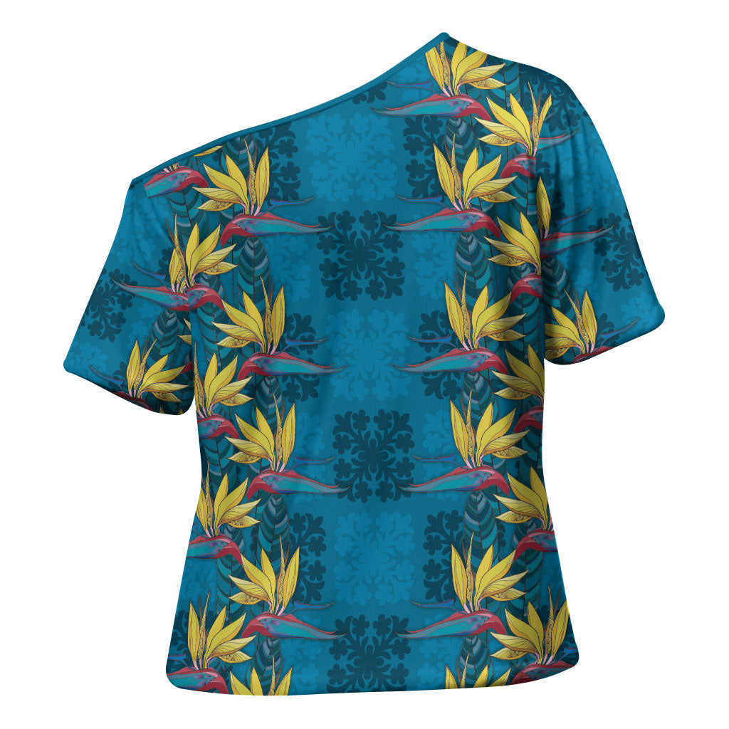 Hawaii Waikiki King Cross Shoulder Shirt Blue Quilt With Pua Manu LT05 - Polynesian Pride