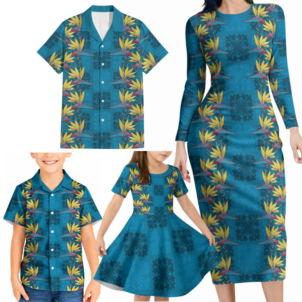 Hawaii Waikiki King Family Matching Long Sleeve Bodycon Dress and Hawaiian Shirt Blue Quilt With Pua Manu