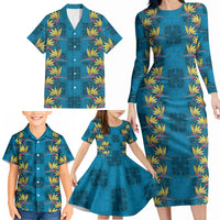 Hawaii Waikiki King Family Matching Long Sleeve Bodycon Dress and Hawaiian Shirt Blue Quilt With Pua Manu LT05 - Polynesian Pride