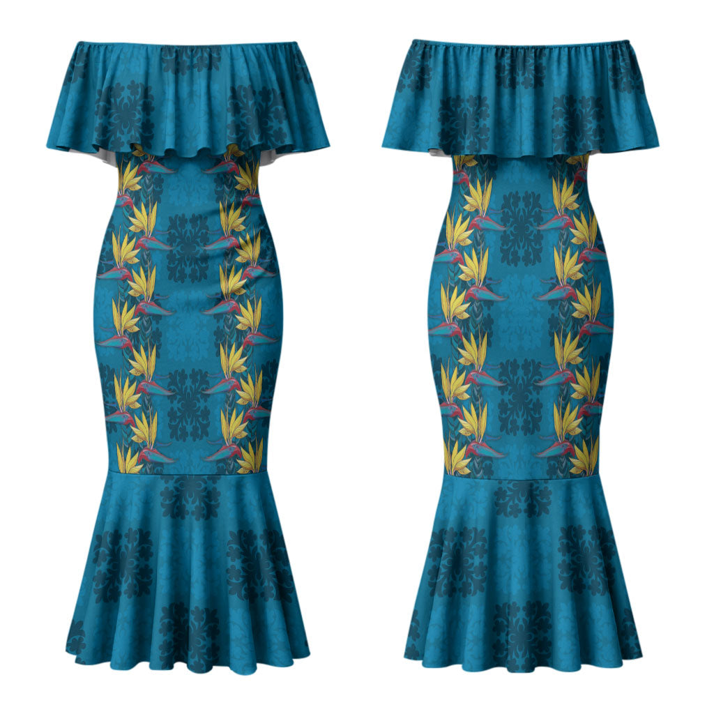 Hawaii Waikiki King Family Matching Mermaid Dress and Hawaiian Shirt Blue Quilt With Pua Manu LT05 Mom's Dress Blue - Polynesian Pride
