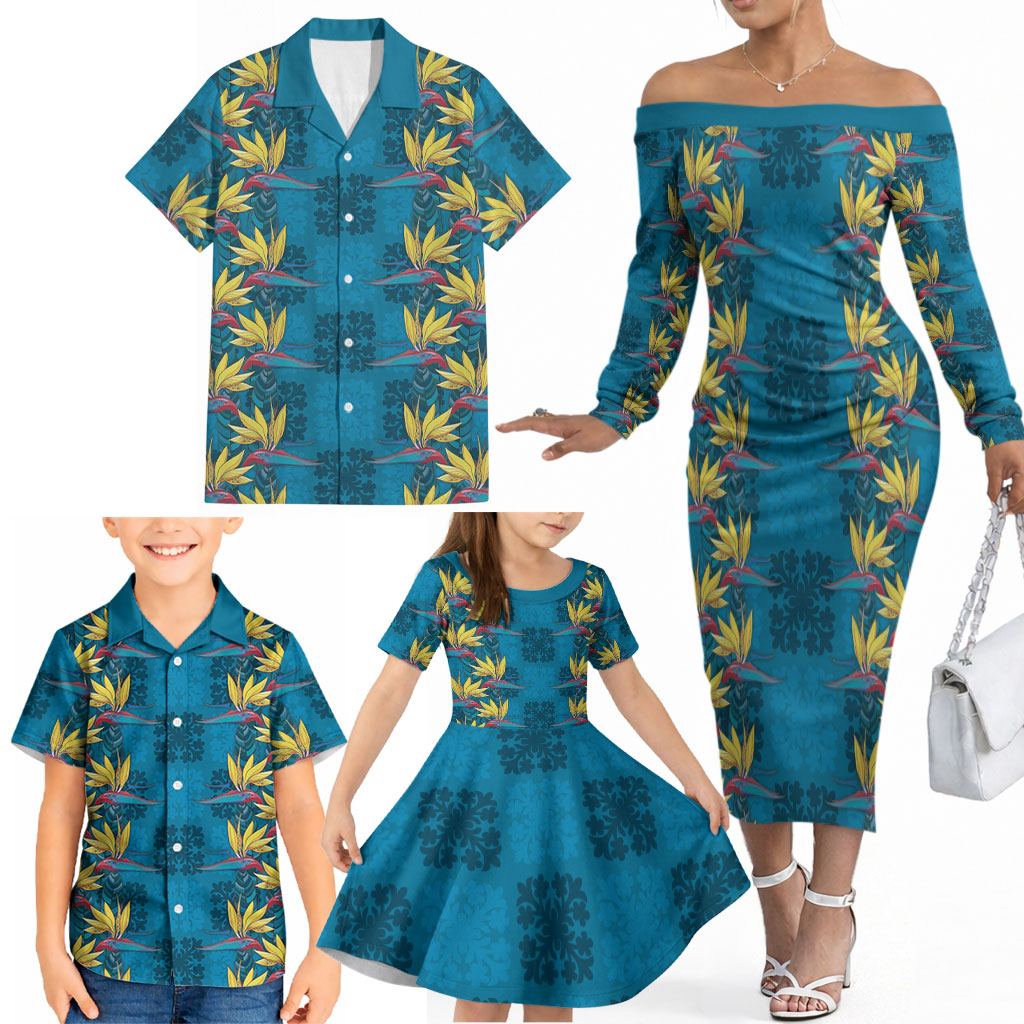 Hawaii Waikiki King Family Matching Off The Shoulder Long Sleeve Dress and Hawaiian Shirt Blue Quilt With Pua Manu