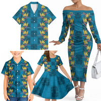 Hawaii Waikiki King Family Matching Off The Shoulder Long Sleeve Dress and Hawaiian Shirt Blue Quilt With Pua Manu LT05 - Polynesian Pride
