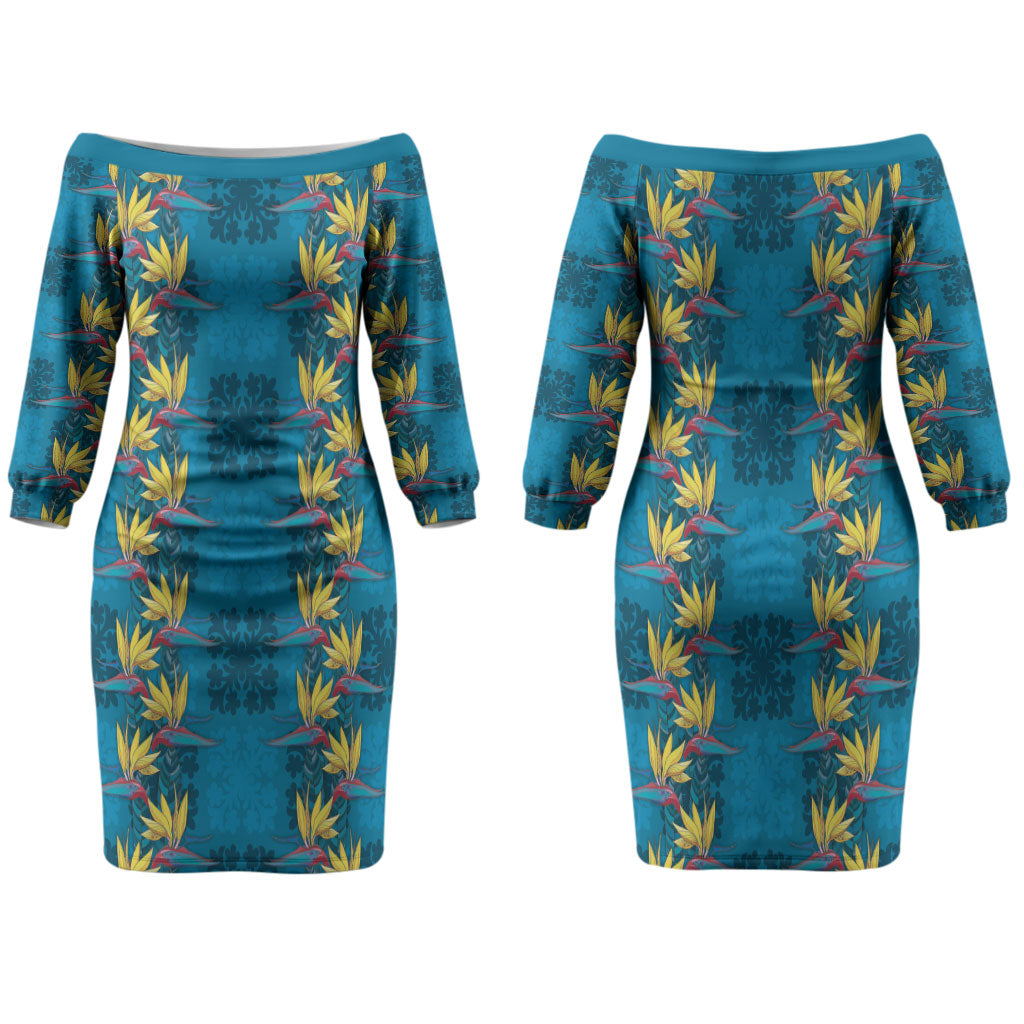Hawaii Waikiki King Family Matching Off The Shoulder Long Sleeve Dress and Hawaiian Shirt Blue Quilt With Pua Manu LT05 Mom's Dress Blue - Polynesian Pride