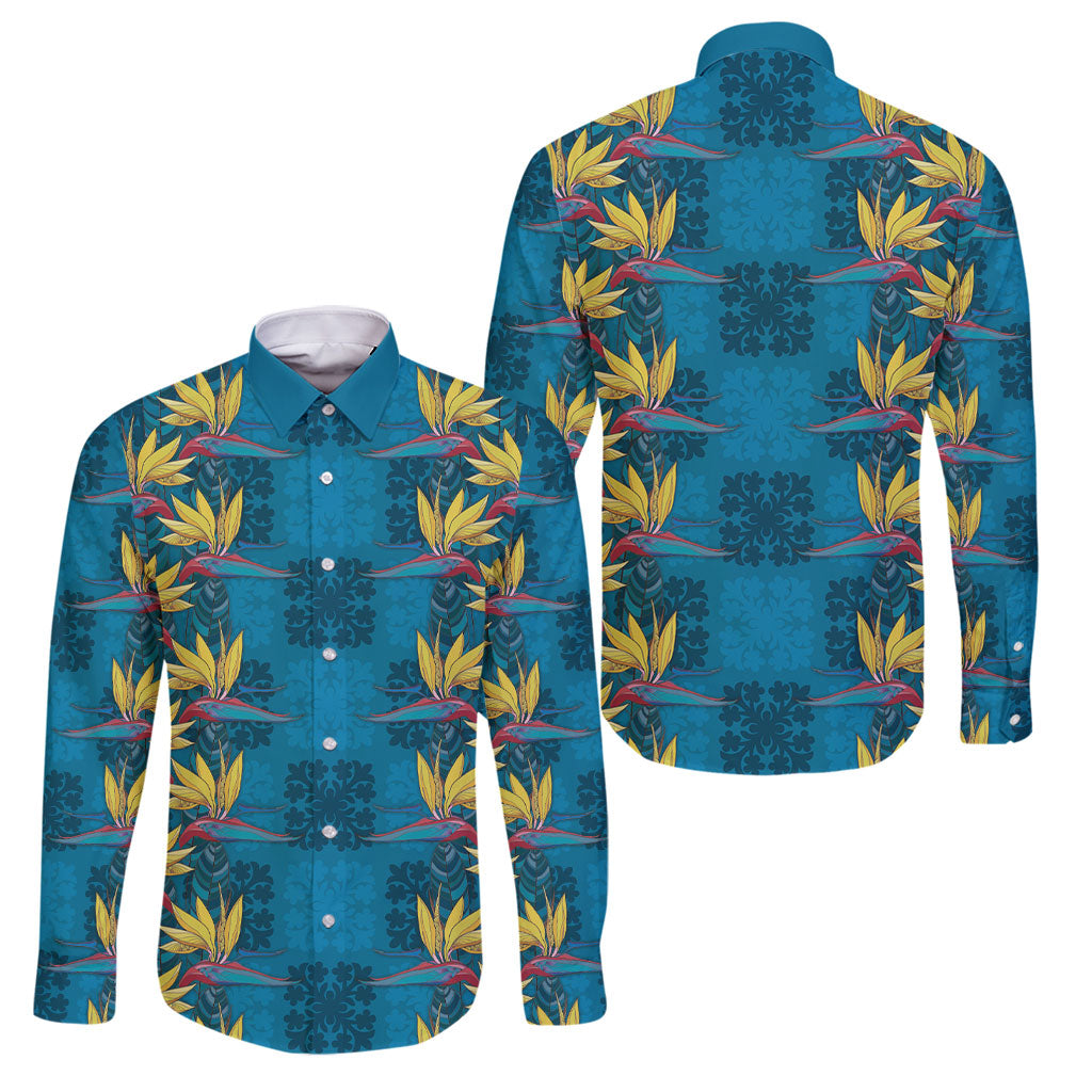 Hawaii Waikiki King Family Matching Off The Shoulder Long Sleeve Dress and Hawaiian Shirt Blue Quilt With Pua Manu LT05 Dad's Shirt - Long Sleeve Blue - Polynesian Pride