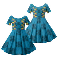 Hawaii Waikiki King Family Matching Off The Shoulder Long Sleeve Dress and Hawaiian Shirt Blue Quilt With Pua Manu LT05 Daughter's Dress Blue - Polynesian Pride