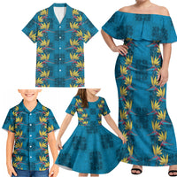 Hawaii Waikiki King Family Matching Off Shoulder Maxi Dress and Hawaiian Shirt Blue Quilt With Pua Manu LT05 - Polynesian Pride