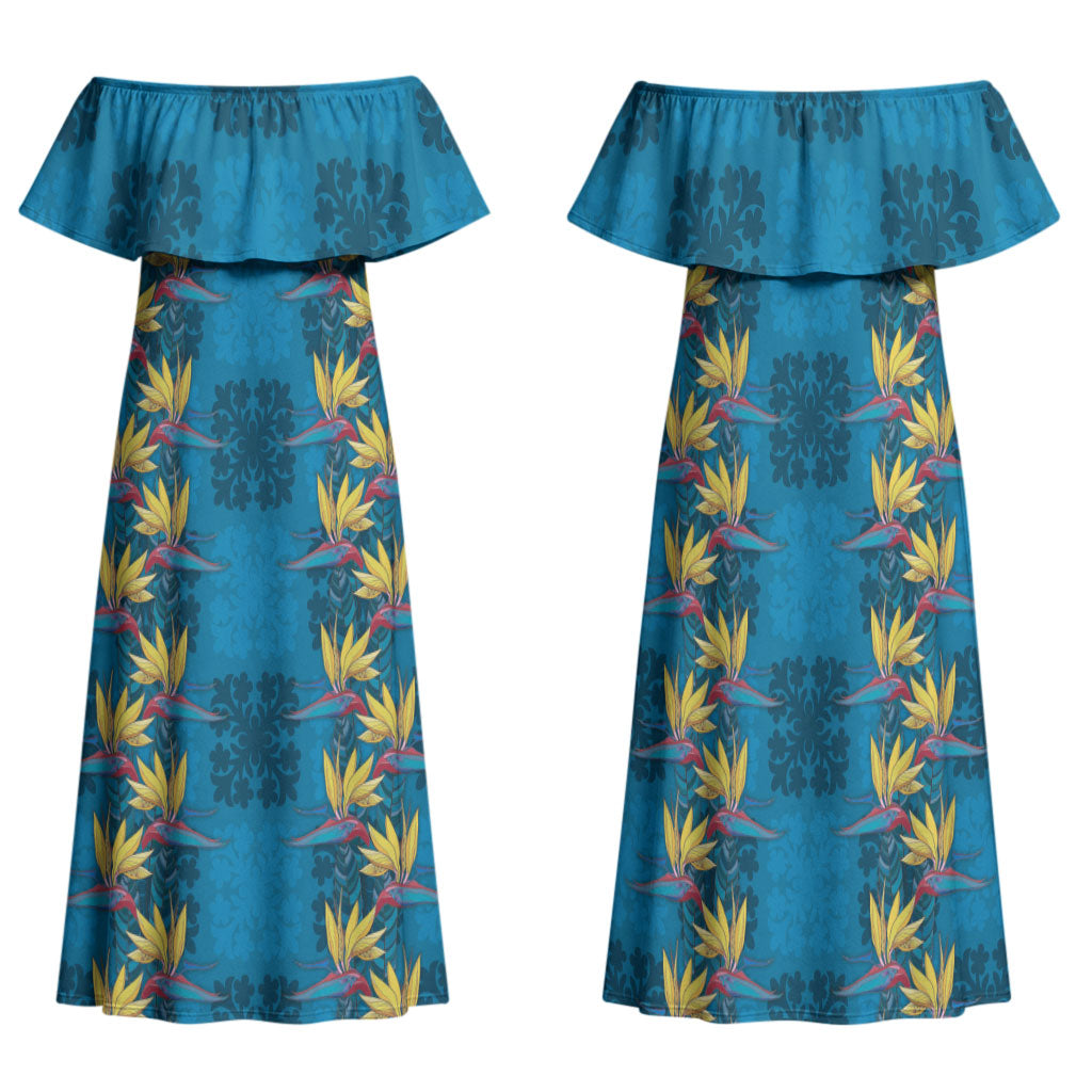 Hawaii Waikiki King Family Matching Off Shoulder Maxi Dress and Hawaiian Shirt Blue Quilt With Pua Manu LT05 Mom's Dress Blue - Polynesian Pride