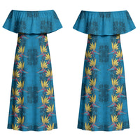 Hawaii Waikiki King Family Matching Off Shoulder Maxi Dress and Hawaiian Shirt Blue Quilt With Pua Manu LT05 Mom's Dress Blue - Polynesian Pride