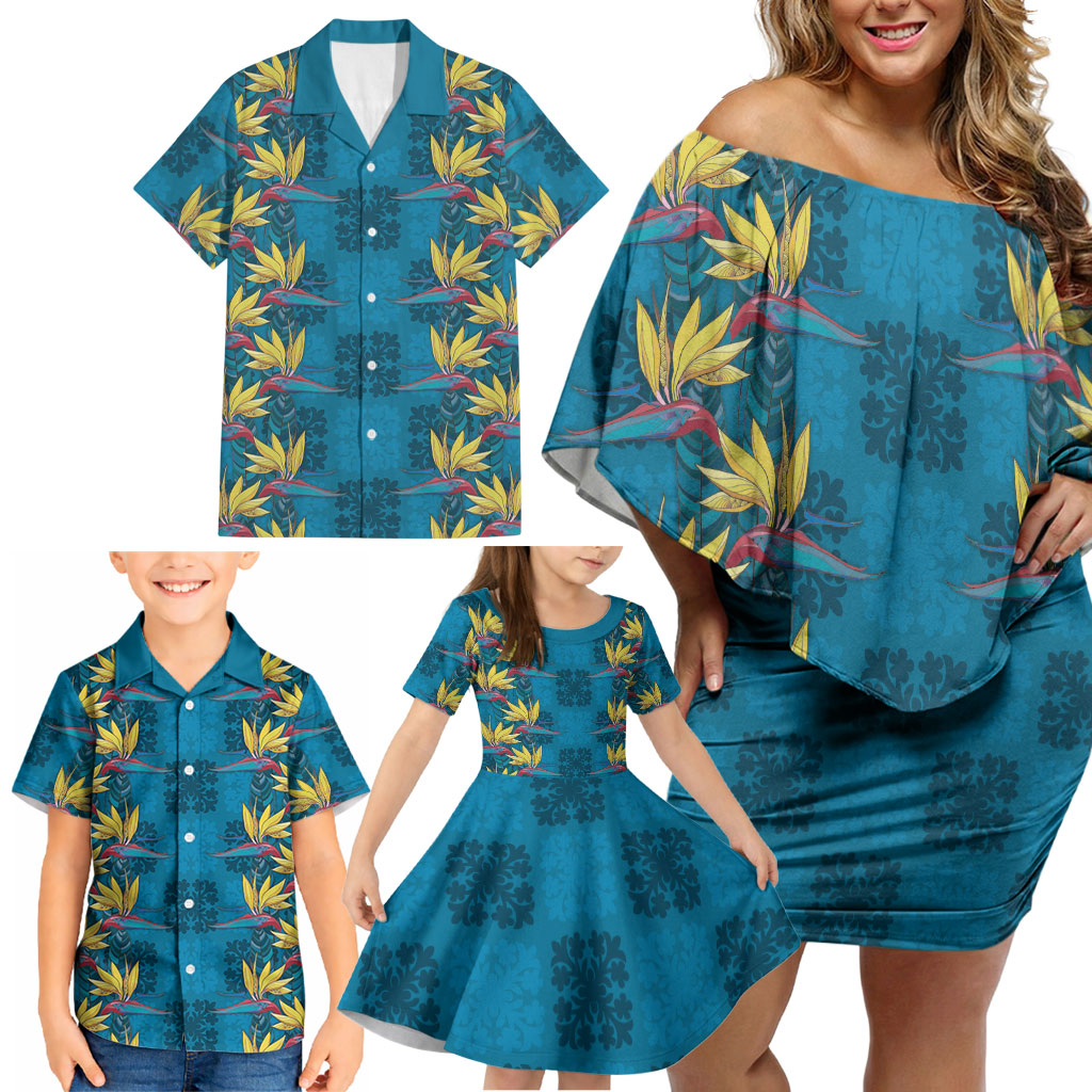 Hawaii Waikiki King Family Matching Off Shoulder Short Dress and Hawaiian Shirt Blue Quilt With Pua Manu