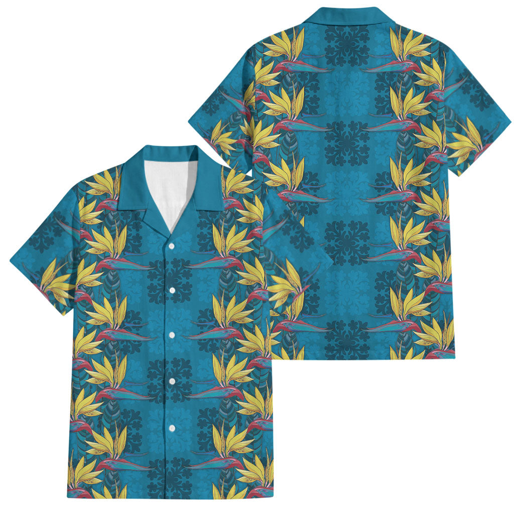 Hawaii Waikiki King Family Matching Puletasi and Hawaiian Shirt Blue Quilt With Pua Manu LT05 Dad's Shirt - Short Sleeve Blue - Polynesian Pride