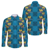 Hawaii Waikiki King Family Matching Puletasi and Hawaiian Shirt Blue Quilt With Pua Manu LT05 Dad's Shirt - Long Sleeve Blue - Polynesian Pride