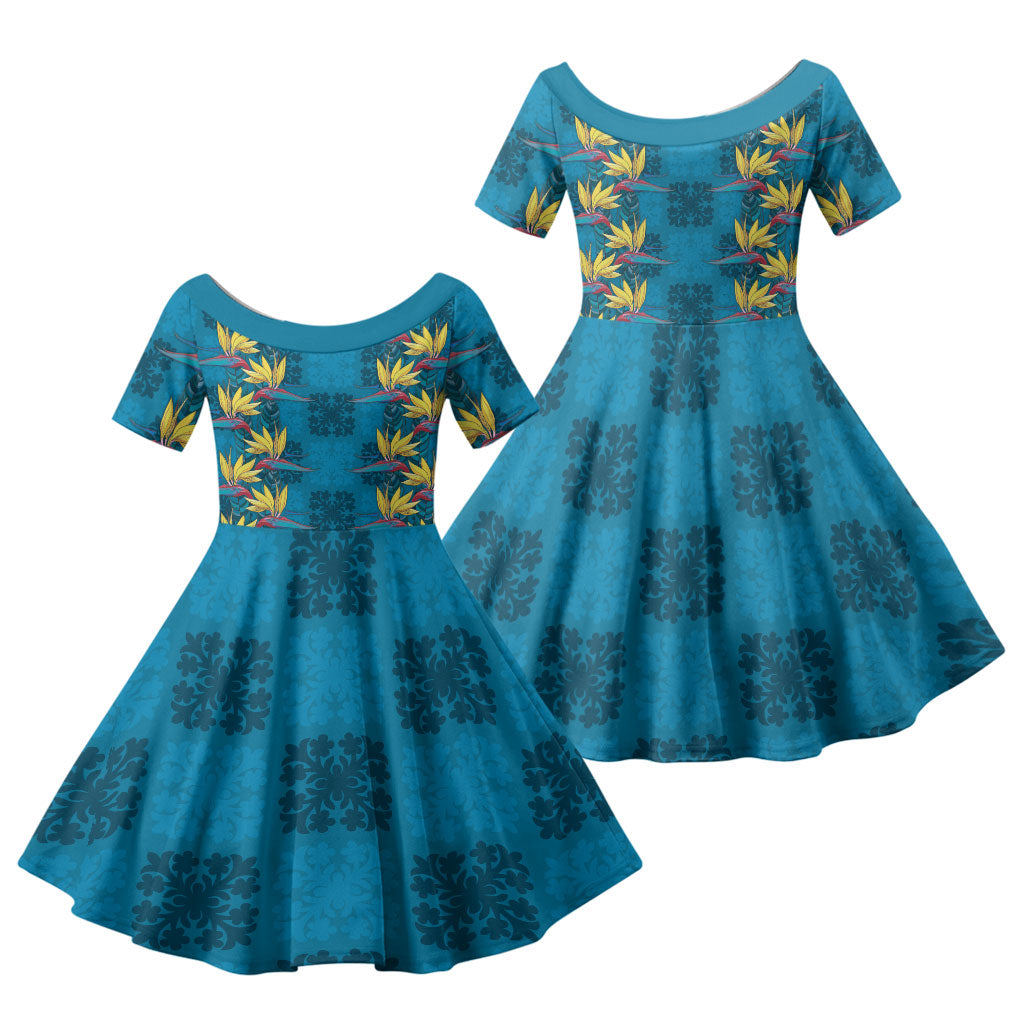 Hawaii Waikiki King Family Matching Puletasi and Hawaiian Shirt Blue Quilt With Pua Manu LT05 Daughter's Dress Blue - Polynesian Pride