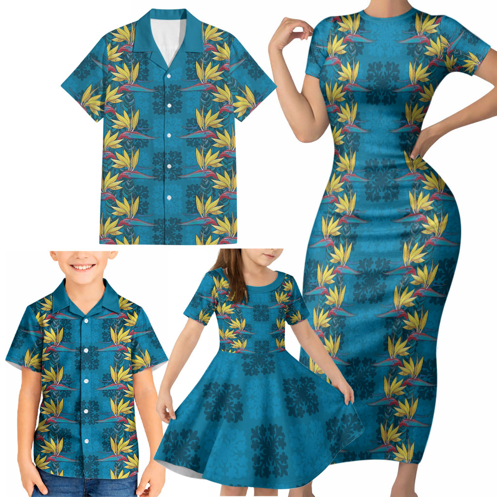 Hawaii Waikiki King Family Matching Short Sleeve Bodycon Dress and Hawaiian Shirt Blue Quilt With Pua Manu