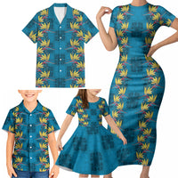 Hawaii Waikiki King Family Matching Short Sleeve Bodycon Dress and Hawaiian Shirt Blue Quilt With Pua Manu LT05 - Polynesian Pride