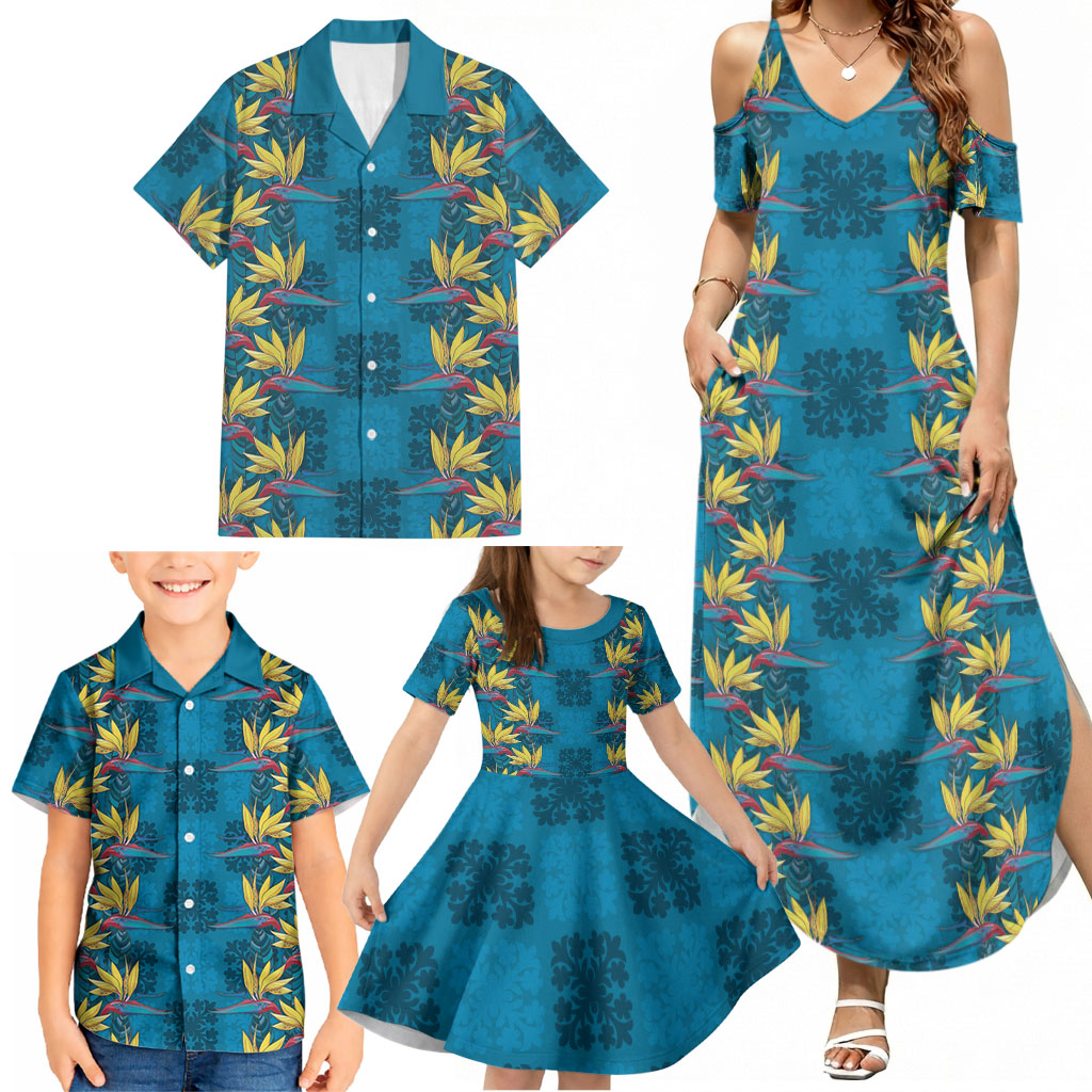 Hawaii Waikiki King Family Matching Summer Maxi Dress and Hawaiian Shirt Blue Quilt With Pua Manu