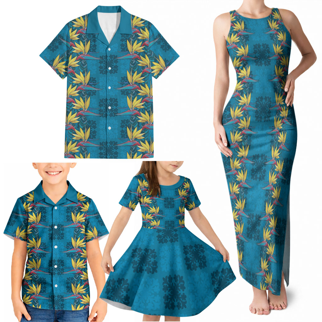 Hawaii Waikiki King Family Matching Tank Maxi Dress and Hawaiian Shirt Blue Quilt With Pua Manu