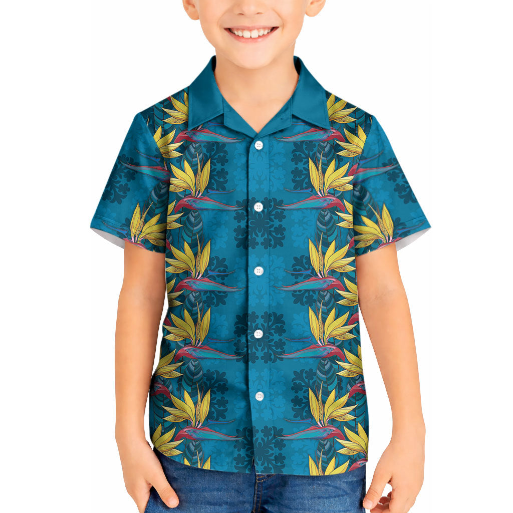 Hawaii Waikiki King Kid Hawaiian Shirt Blue Quilt With Pua Manu LT05 Kid Blue - Polynesian Pride
