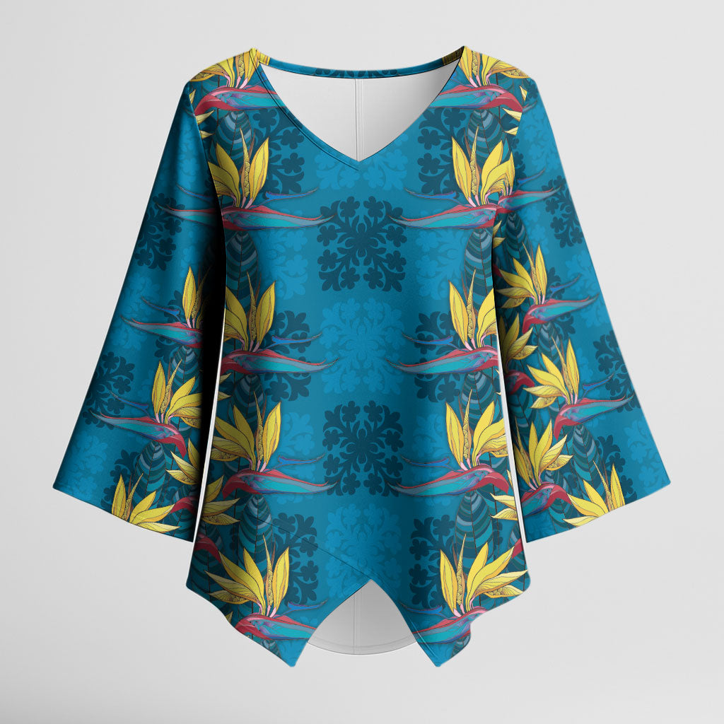 Hawaii Waikiki King Kimono Sleeve Blouse Blue Quilt With Pua Manu LT05 Female Blue - Polynesian Pride