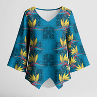 Hawaii Waikiki King Kimono Sleeve Blouse Blue Quilt With Pua Manu LT05 Female Blue - Polynesian Pride