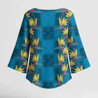 Hawaii Waikiki King Kimono Sleeve Blouse Blue Quilt With Pua Manu LT05 - Polynesian Pride