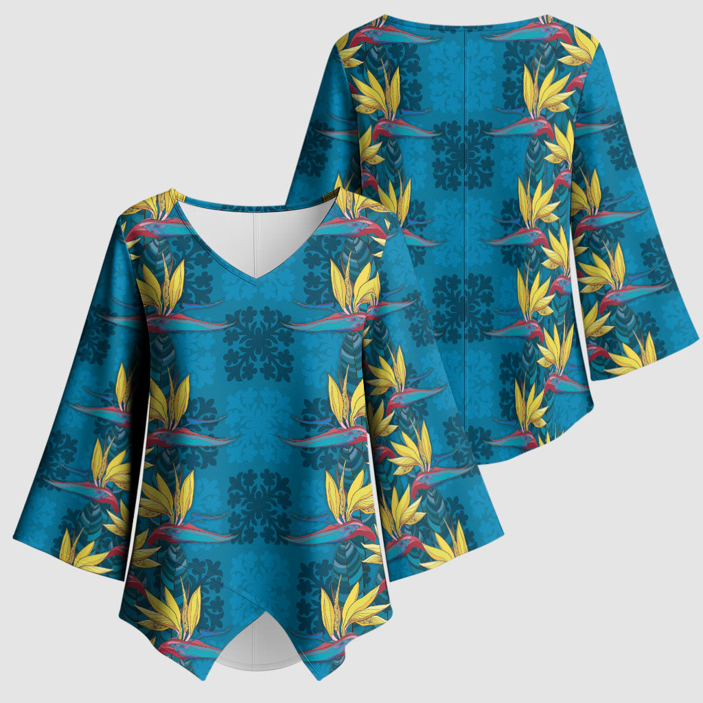 Hawaii Waikiki King Kimono Sleeve Blouse Blue Quilt With Pua Manu LT05 - Polynesian Pride