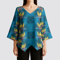 Hawaii Waikiki King Kimono Sleeve Blouse Blue Quilt With Pua Manu LT05 - Polynesian Pride