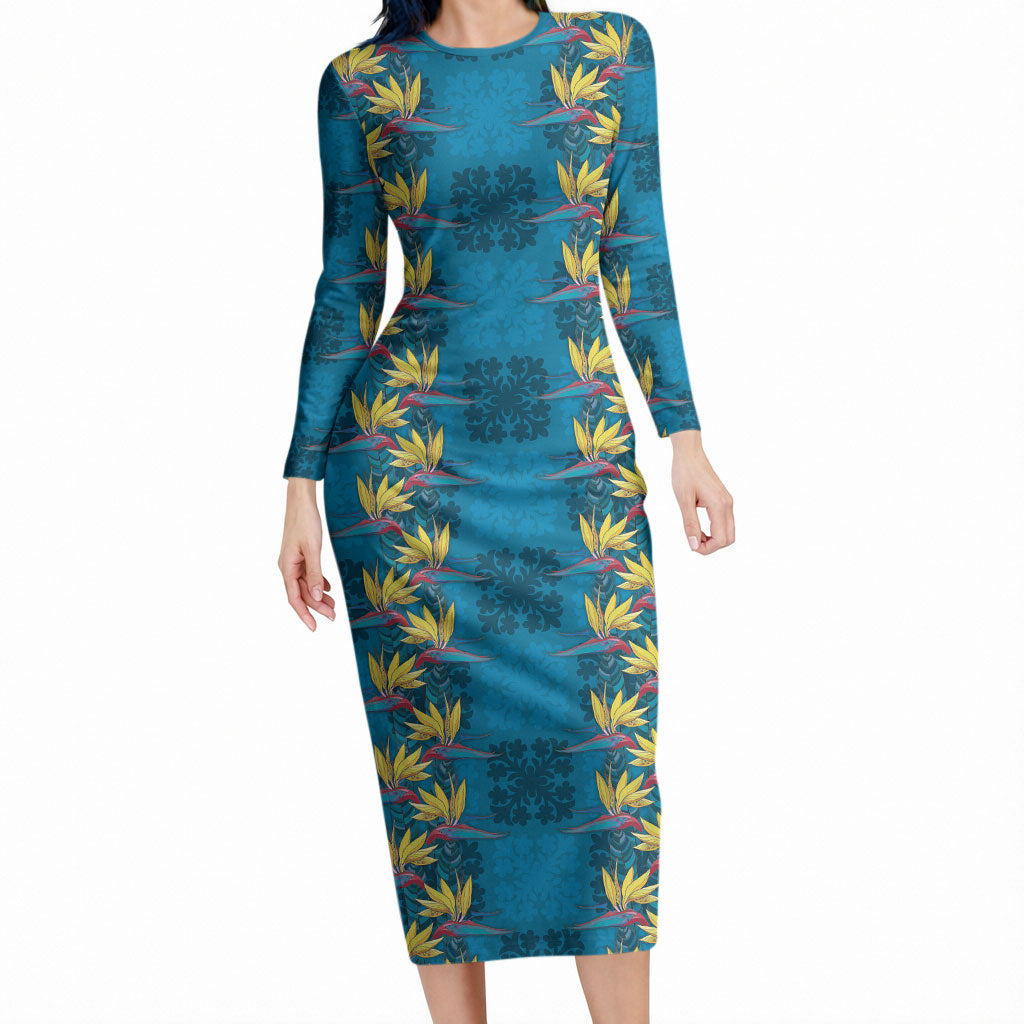 Hawaii Waikiki King Long Sleeve Bodycon Dress Blue Quilt With Pua Manu LT05 Long Dress Blue - Polynesian Pride