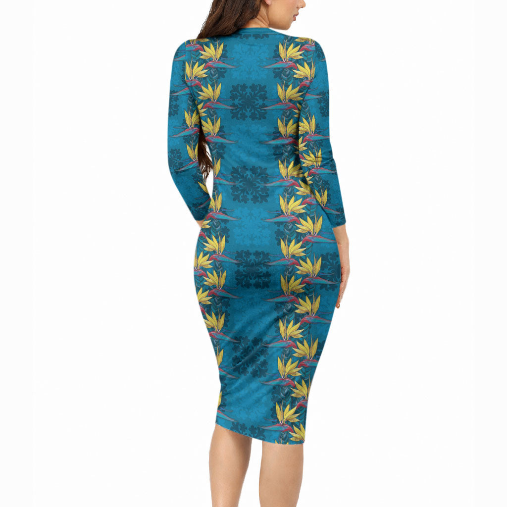 Hawaii Waikiki King Long Sleeve Bodycon Dress Blue Quilt With Pua Manu LT05 - Polynesian Pride