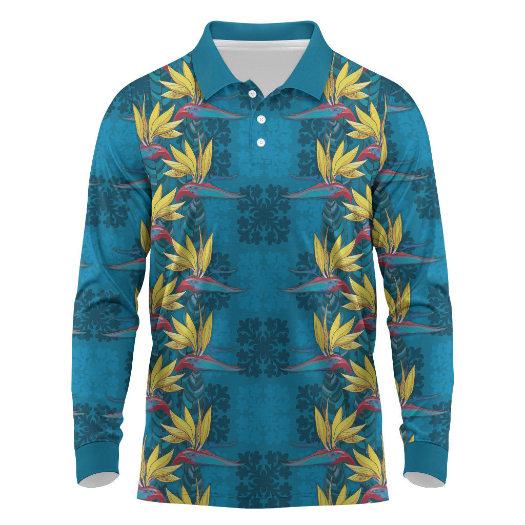 Hawaii Waikiki King Long Sleeve Polo Shirt Blue Quilt With Pua Manu