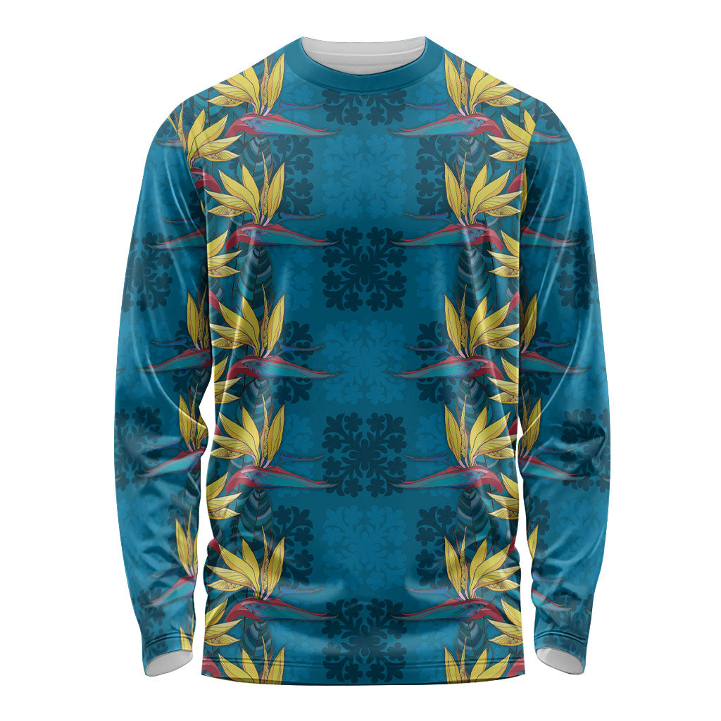 Hawaii Waikiki King Long Sleeve Shirt Blue Quilt With Pua Manu LT05 Unisex Blue - Polynesian Pride