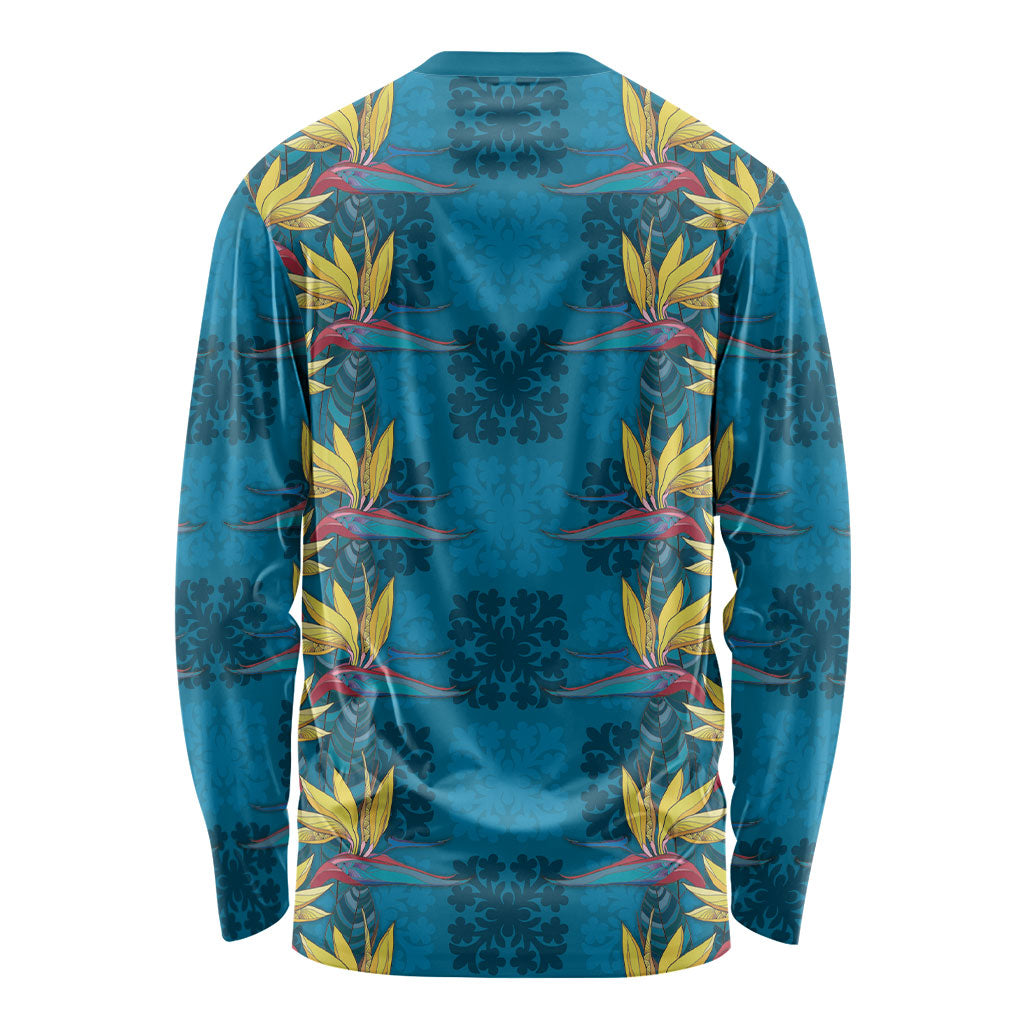 Hawaii Waikiki King Long Sleeve Shirt Blue Quilt With Pua Manu LT05 - Polynesian Pride