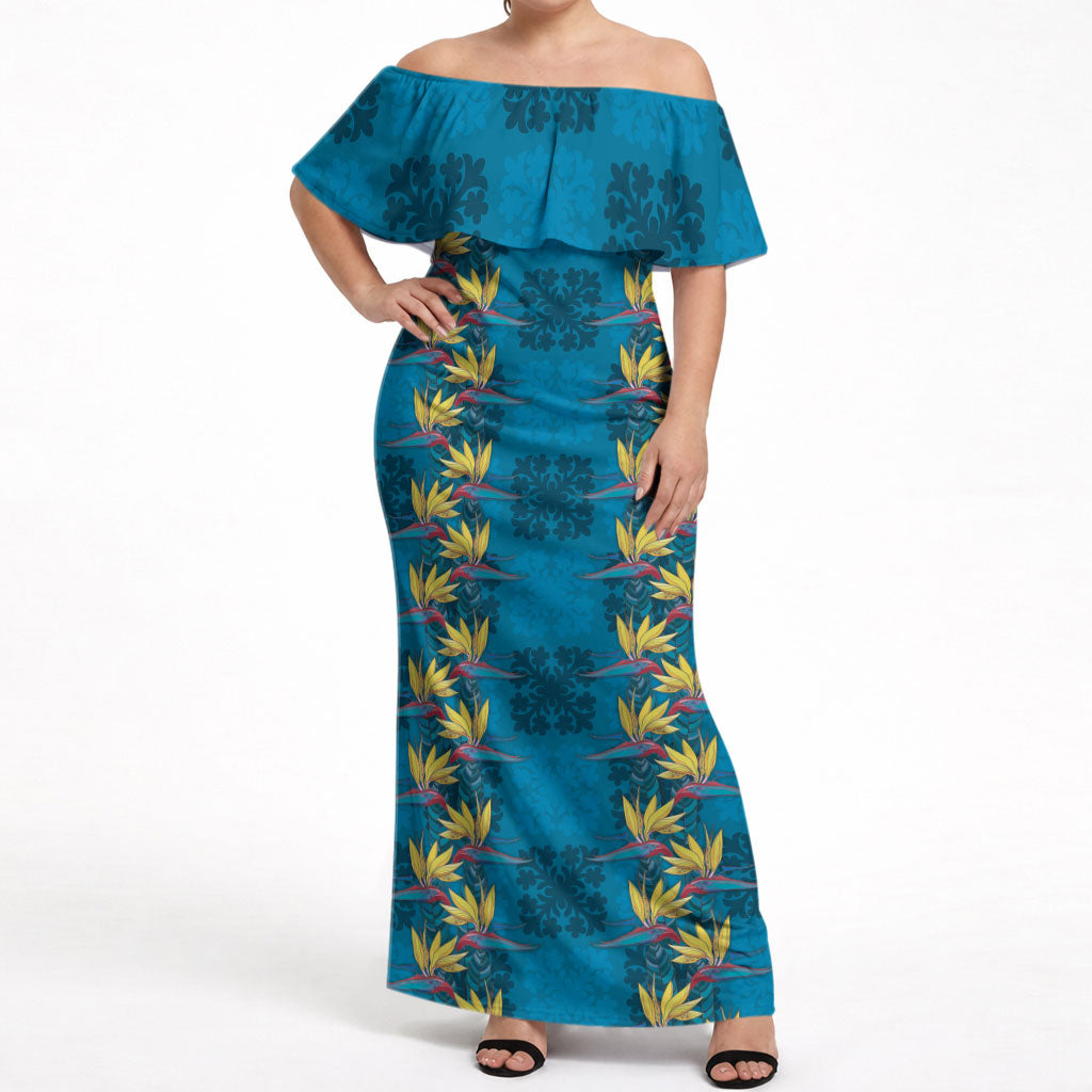 Hawaii Waikiki King Off Shoulder Maxi Dress Blue Quilt With Pua Manu LT05 Women Blue - Polynesian Pride