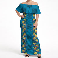 Hawaii Waikiki King Off Shoulder Maxi Dress Blue Quilt With Pua Manu LT05 Women Blue - Polynesian Pride
