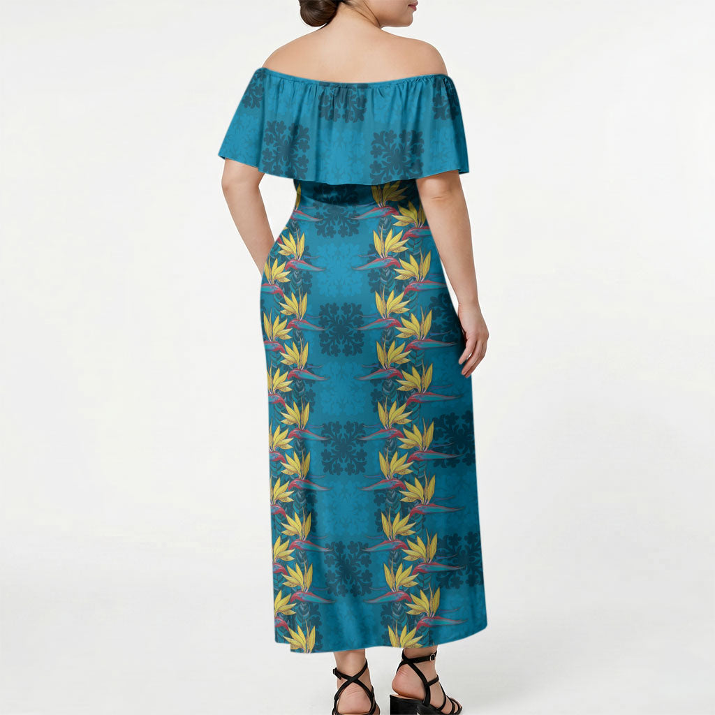 Hawaii Waikiki King Off Shoulder Maxi Dress Blue Quilt With Pua Manu LT05 - Polynesian Pride
