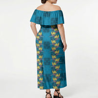 Hawaii Waikiki King Off Shoulder Maxi Dress Blue Quilt With Pua Manu LT05 - Polynesian Pride