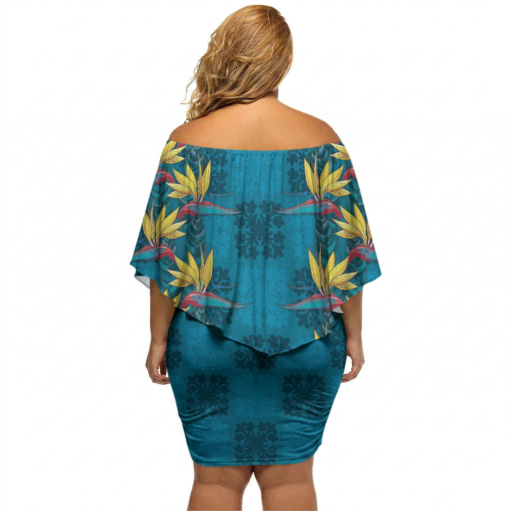 Hawaii Waikiki King Off Shoulder Short Dress Blue Quilt With Pua Manu LT05 - Polynesian Pride