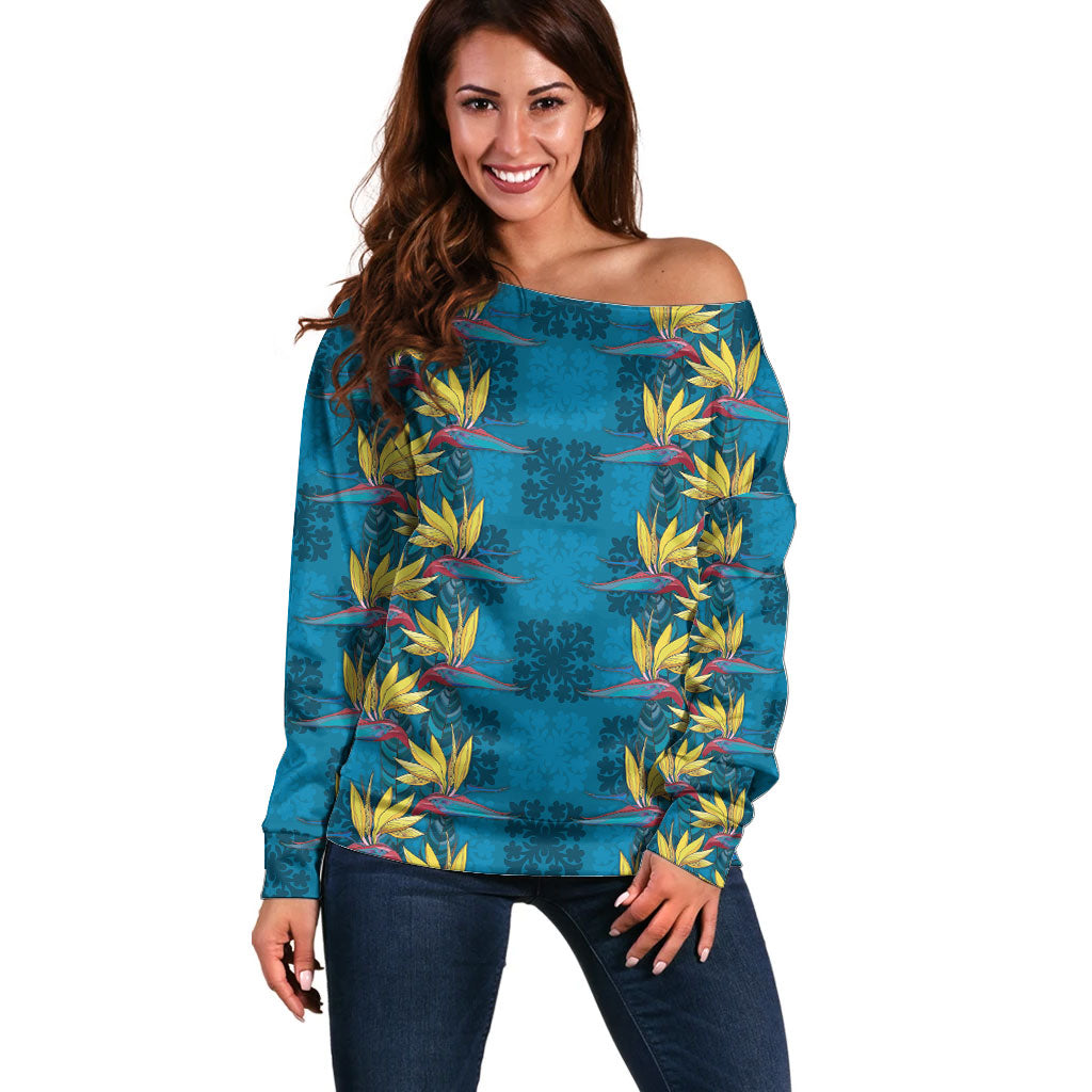 Hawaii Waikiki King Off Shoulder Sweater Blue Quilt With Pua Manu LT05 Women Blue - Polynesian Pride