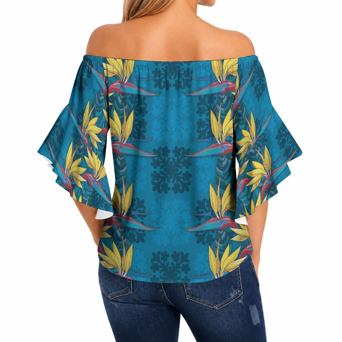 Hawaii Waikiki King Off Shoulder Wrap Waist Top Blue Quilt With Pua Manu LT05 - Polynesian Pride