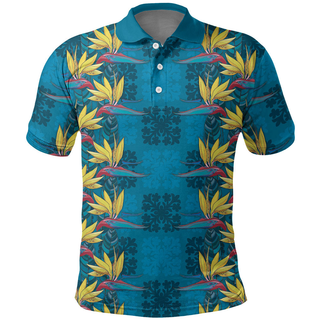 Hawaii Waikiki King Polo Shirt Blue Quilt With Pua Manu