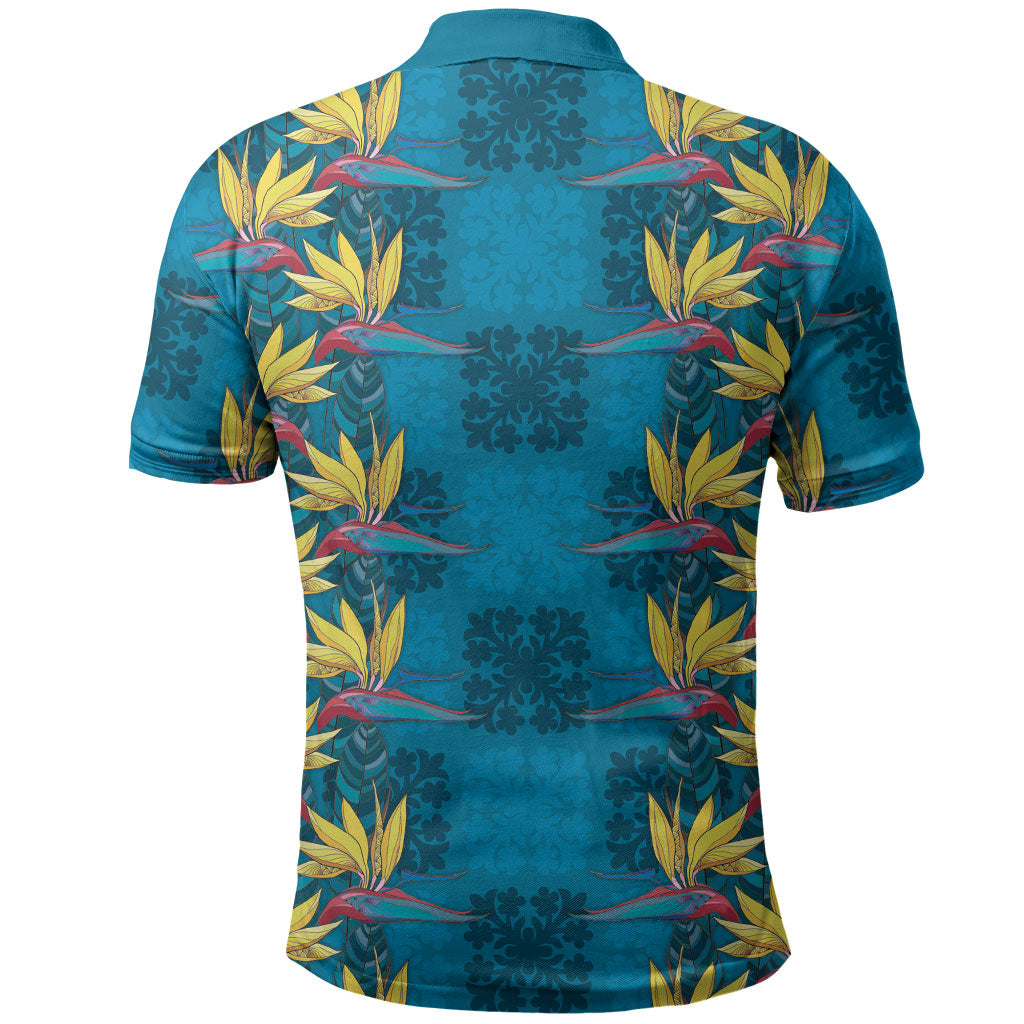 Hawaii Waikiki King Polo Shirt Blue Quilt With Pua Manu LT05 - Polynesian Pride