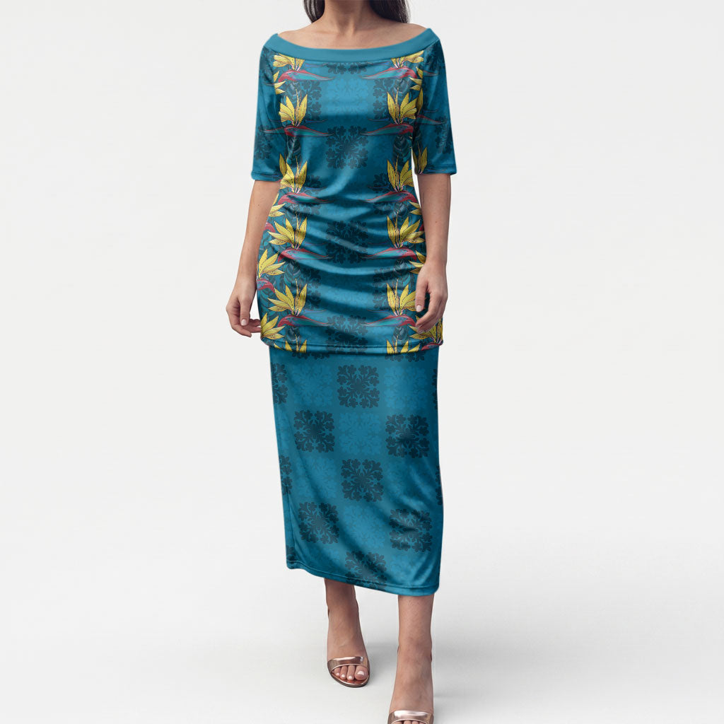 Hawaii Waikiki King Puletasi Blue Quilt With Pua Manu LT05 Long Dress Blue - Polynesian Pride