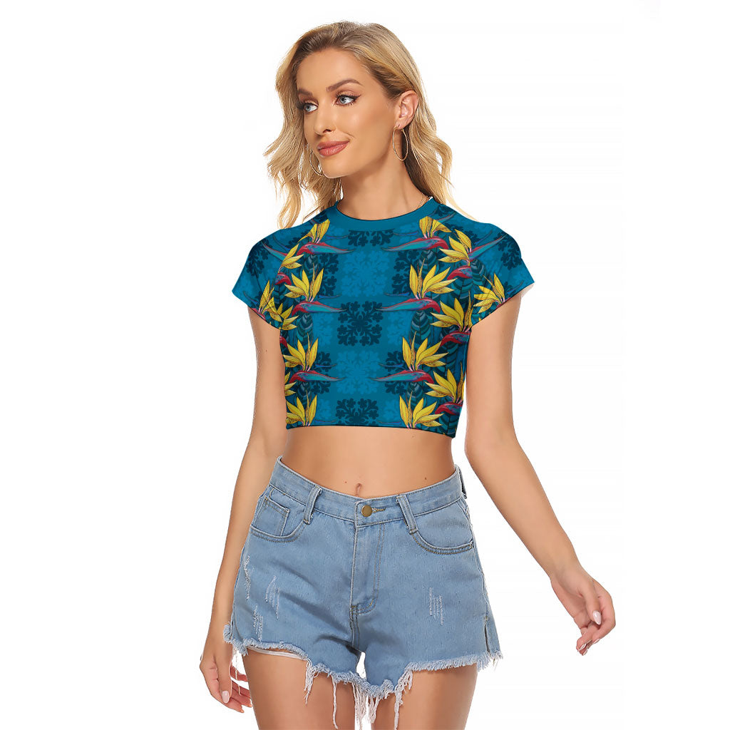 Hawaii Waikiki King Raglan Cropped T Shirt Blue Quilt With Pua Manu LT05 Female Blue - Polynesian Pride