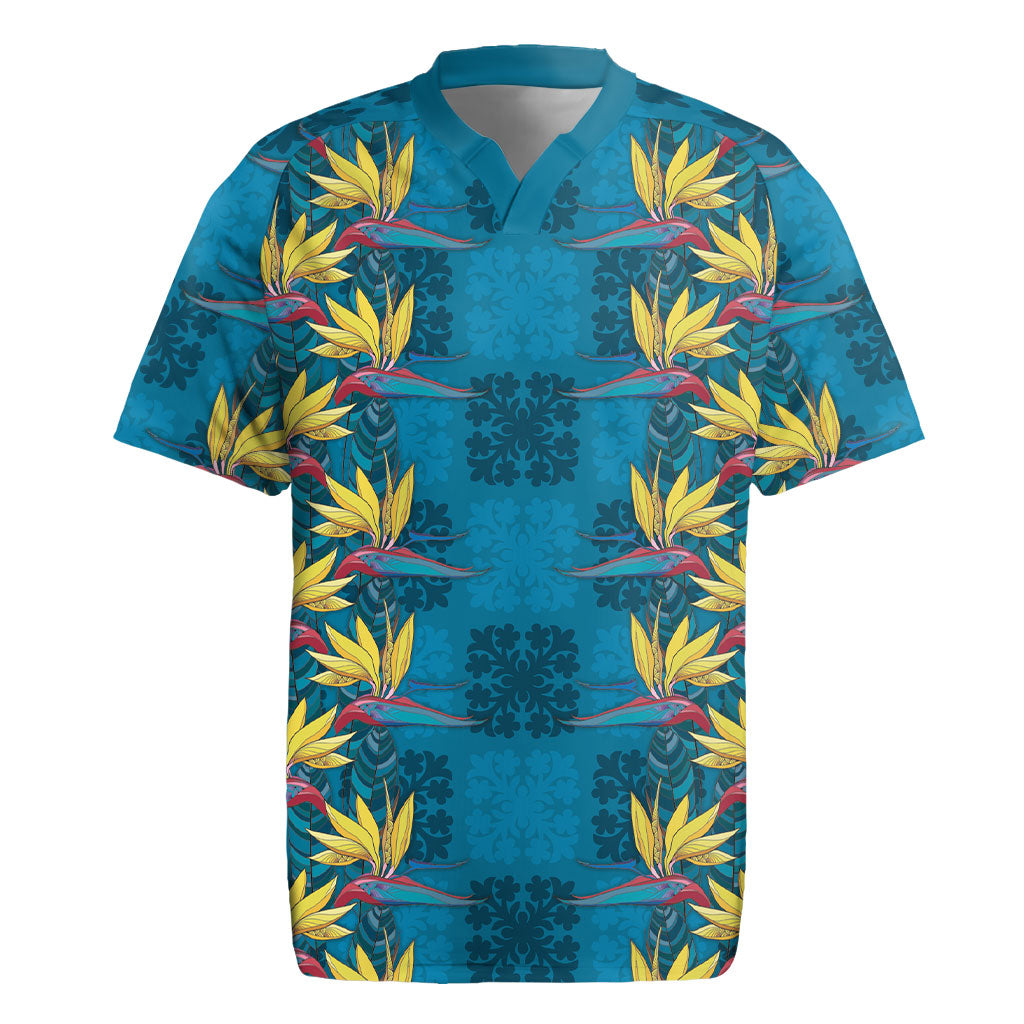 Hawaii Waikiki King Rugby Jersey Blue Quilt With Pua Manu