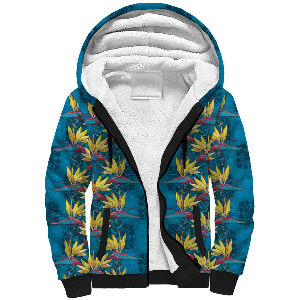 Hawaii Waikiki King Sherpa Hoodie Blue Quilt With Pua Manu LT05 Unisex Blue - Polynesian Pride
